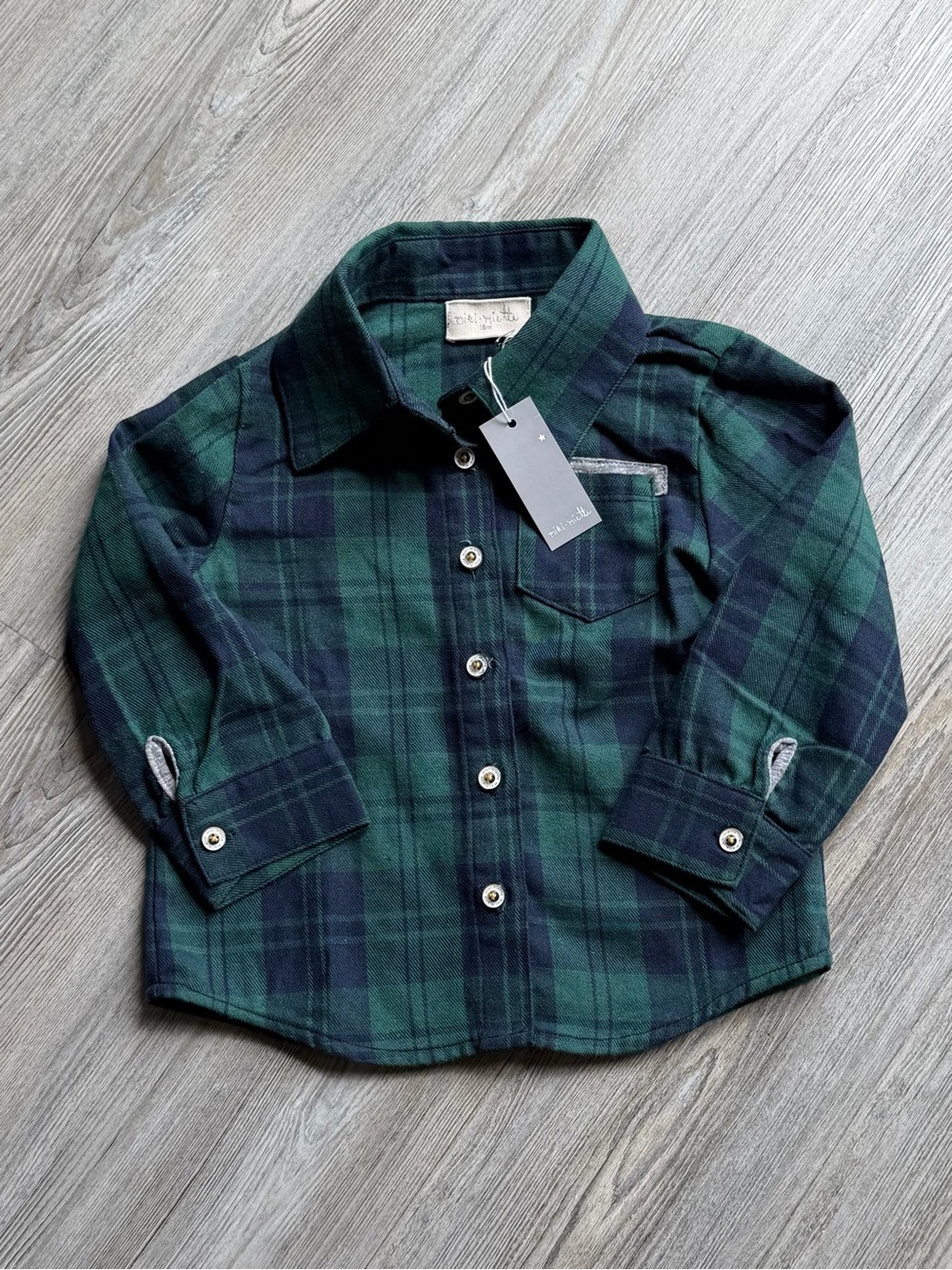 Miki Miette Navy and Green Plaid Button Down